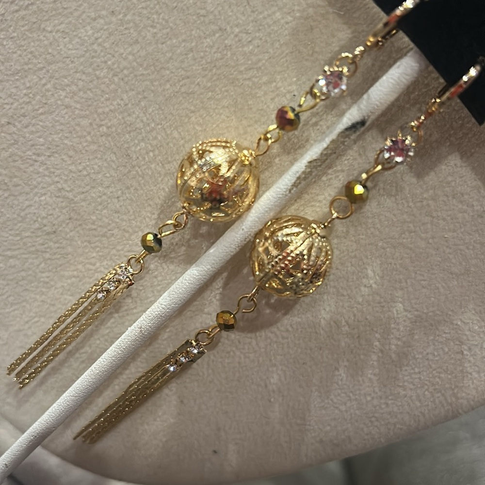 Long Gold Filigree Bead with Crystals and Tassel Earrings-Boutique
